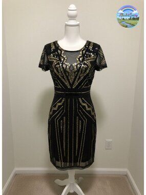 1920s Sequin Beaded Flapper Dress Art Deco V-Neck Cocktail